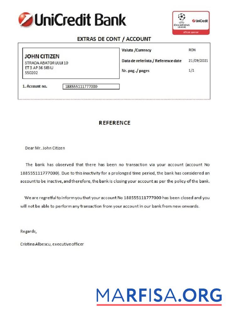 Printable Romania UniCredit bank closure reference real example